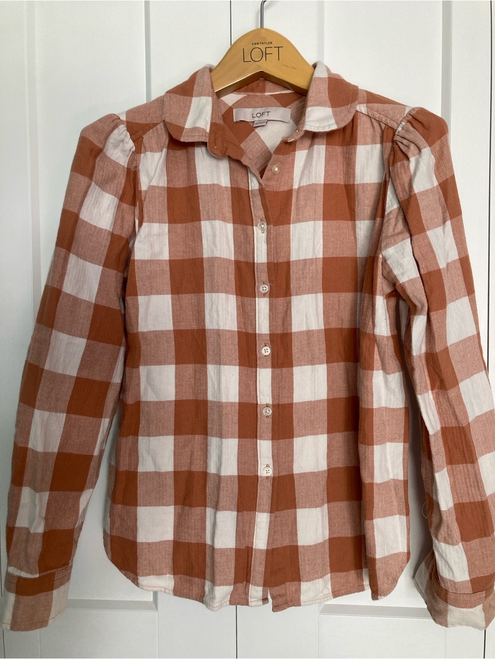 LOFT Rust and White Checked Button-Front Shirt XS 100% Cotton